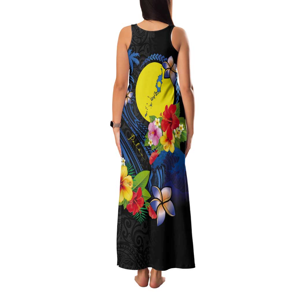 Palau Independence Day Tank Maxi Dress Melanesian Tattoo with Hibiscus