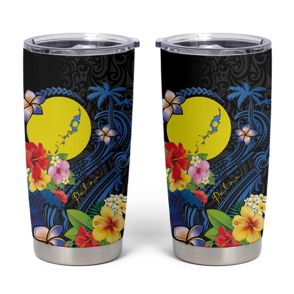 Palau Independence Day Tumbler Cup Melanesian Tattoo with Hibiscus