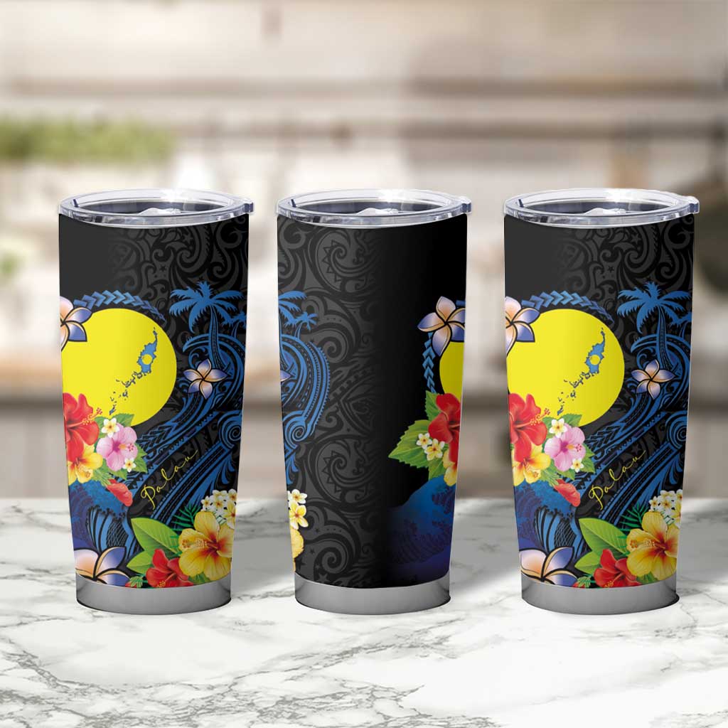 Palau Independence Day Tumbler Cup Melanesian Tattoo with Hibiscus