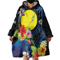 Palau Independence Day Wearable Blanket Hoodie Melanesian Tattoo with Hibiscus