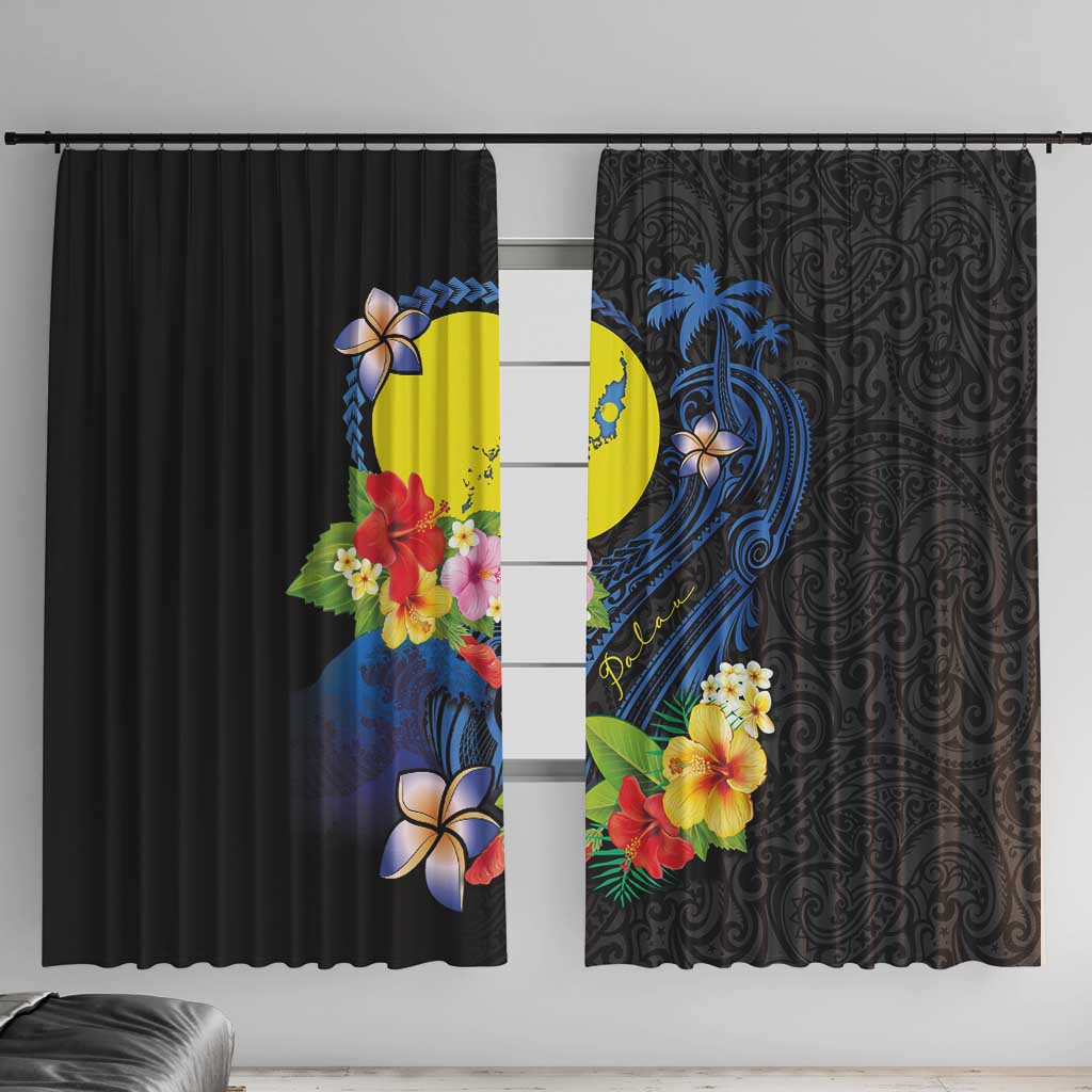 Palau Independence Day Window Curtain Melanesian Tattoo with Hibiscus