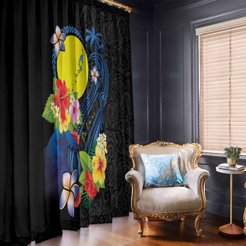 Palau Independence Day Window Curtain Melanesian Tattoo with Hibiscus
