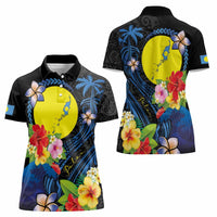 Palau Independence Day Women Polo Shirt Melanesian Tattoo with Hibiscus