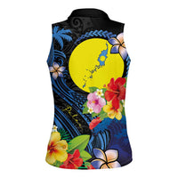 Palau Independence Day Women Sleeveless Polo Shirt Melanesian Tattoo with Hibiscus