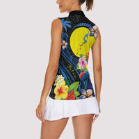 Palau Independence Day Women Sleeveless Polo Shirt Melanesian Tattoo with Hibiscus