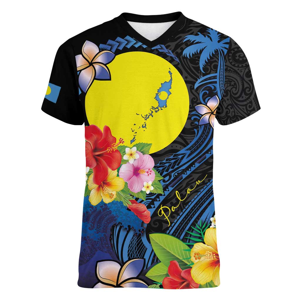 Palau Independence Day Women V-Neck T-Shirt Melanesian Tattoo with Hibiscus