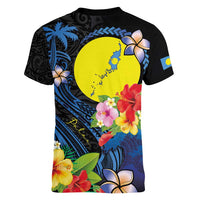 Palau Independence Day Women V-Neck T-Shirt Melanesian Tattoo with Hibiscus