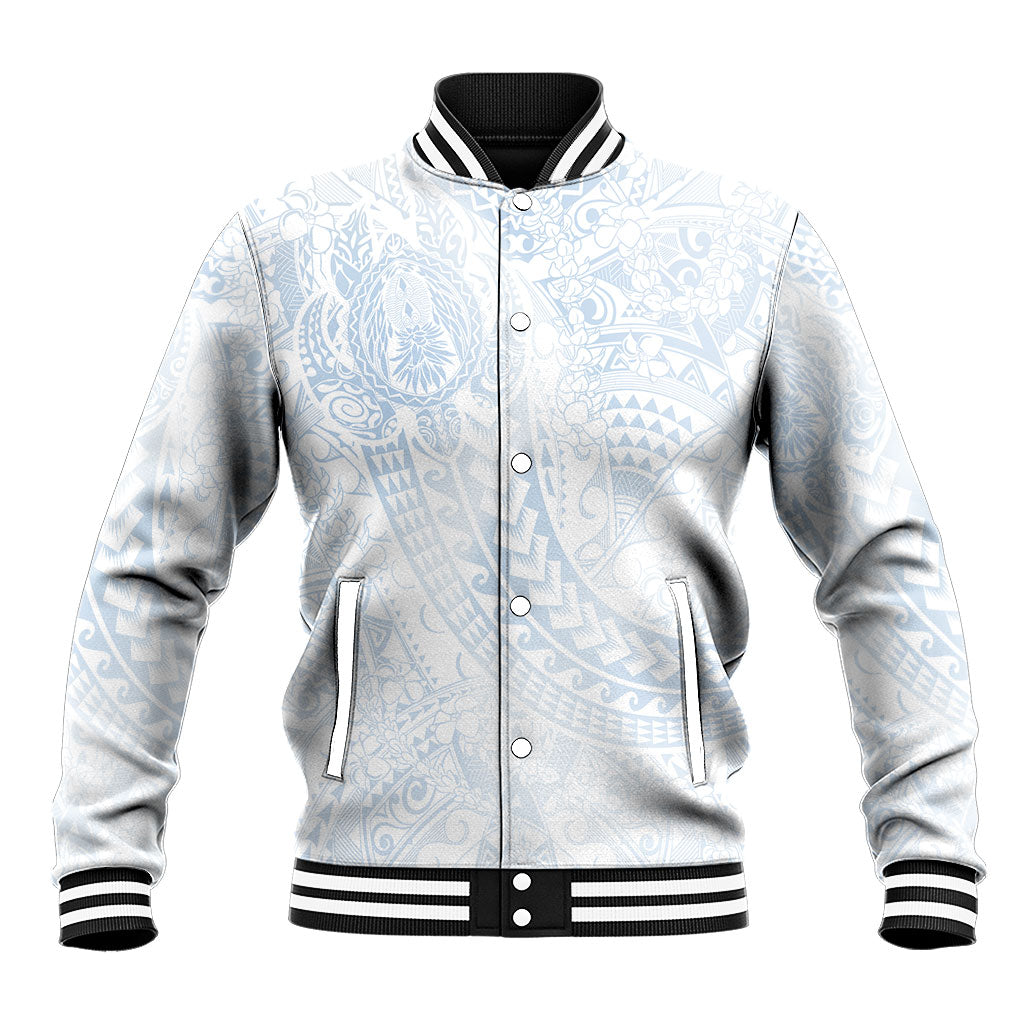 Hawaiian Turtles and Leis Baseball Jacket Tribal Kakau Pattern Airy White Blue Cloud Vibe