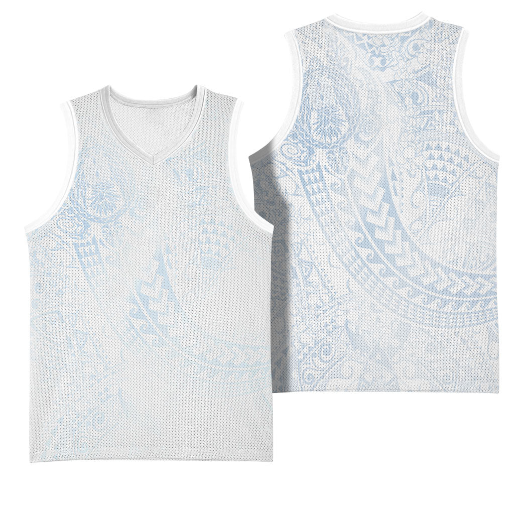 Hawaiian Turtles and Leis Basketball Jersey Tribal Kakau Pattern Airy White Blue Cloud Vibe