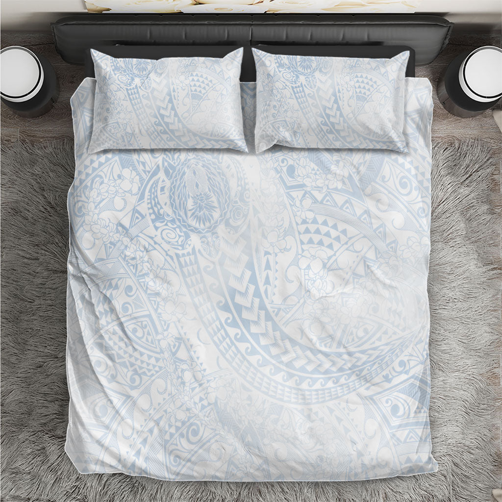Hawaiian Turtles and Leis Bedding Set Tribal Kakau Pattern Airy White Blue Cloud Vibe