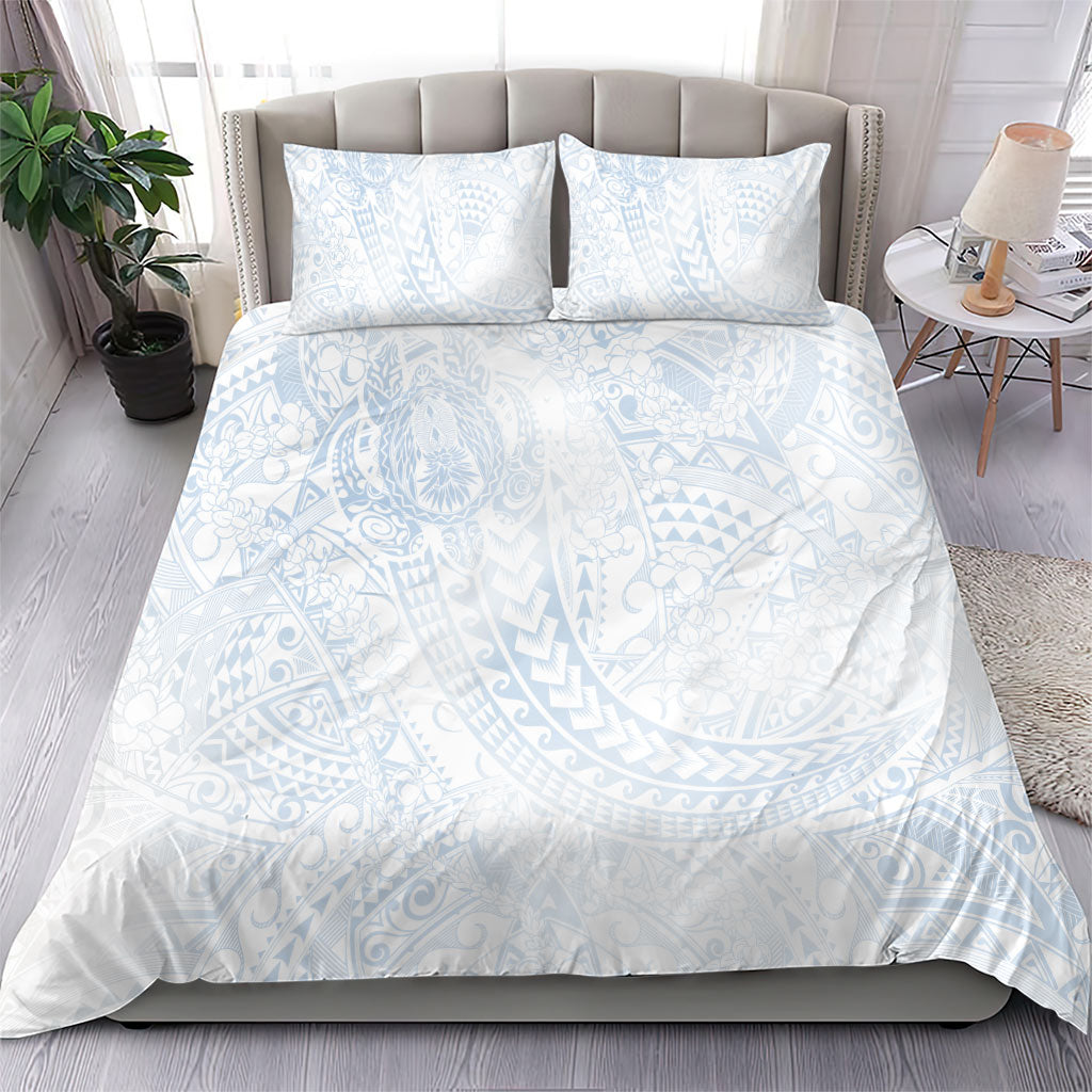 Hawaiian Turtles and Leis Bedding Set Tribal Kakau Pattern Airy White Blue Cloud Vibe