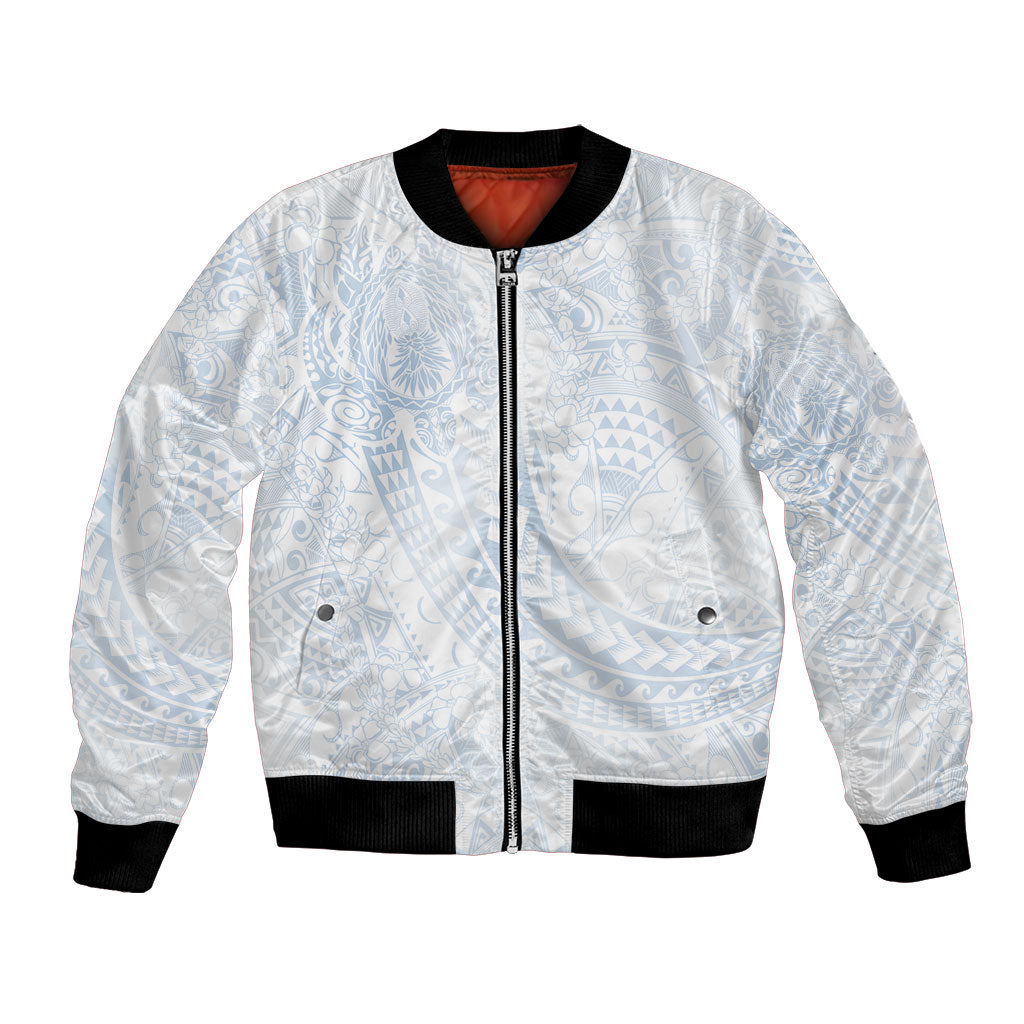 Hawaiian Turtles and Leis Bomber Jacket Tribal Kakau Pattern Airy White Blue Cloud Vibe LT03 Unisex White - Polynesian Pride