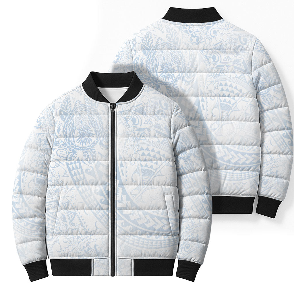 Hawaiian Turtles and Leis Bomber Puffer Jacket Tribal Kakau Pattern Airy White Blue Cloud Vibe