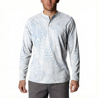 Hawaiian Turtles and Leis Button Sweatshirt Tribal Kakau Pattern Airy White Blue Cloud Vibe