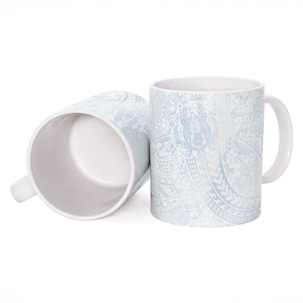 Hawaiian Turtles and Leis Ceramic Mug Tribal Kakau Pattern Airy White Blue Cloud Vibe
