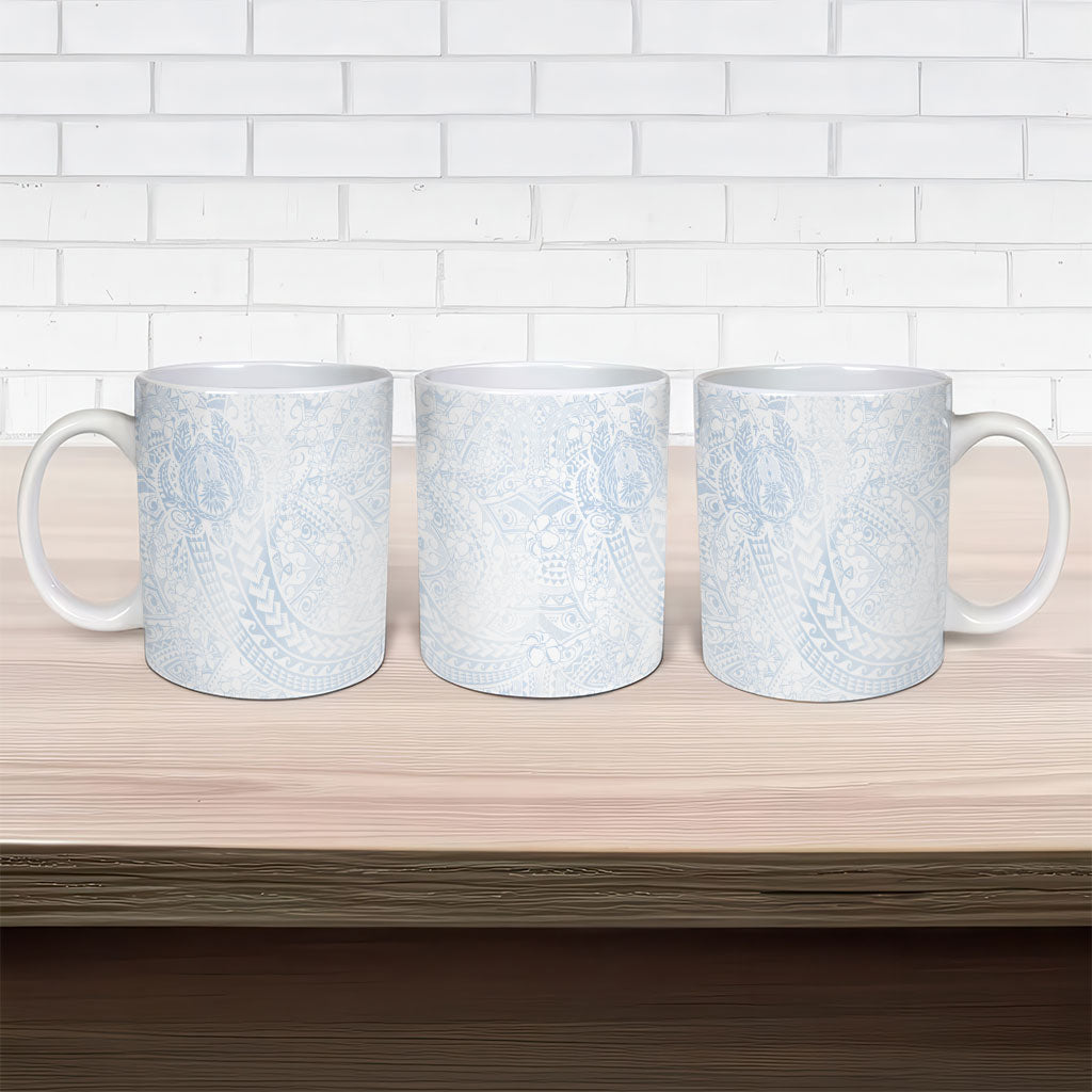 Hawaiian Turtles and Leis Ceramic Mug Tribal Kakau Pattern Airy White Blue Cloud Vibe