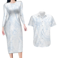 Hawaiian Turtles and Leis Couples Matching Long Sleeve Bodycon Dress and Hawaiian Shirt Tribal Kakau Pattern Airy White Blue Cloud Vibe