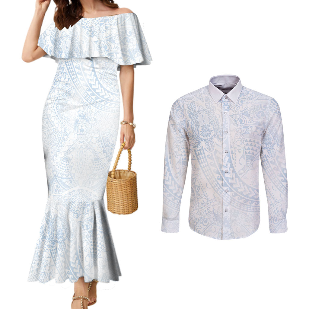 Hawaiian Turtles and Leis Couples Matching Mermaid Dress and Long Sleeve Button Shirt Tribal Kakau Pattern Airy White Blue Cloud Vibe LT03 White - Polynesian Pride