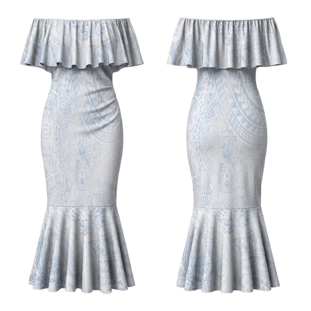 Hawaiian Turtles and Leis Couples Matching Mermaid Dress and Long Sleeve Button Shirt Tribal Kakau Pattern Airy White Blue Cloud Vibe LT03 - Polynesian Pride