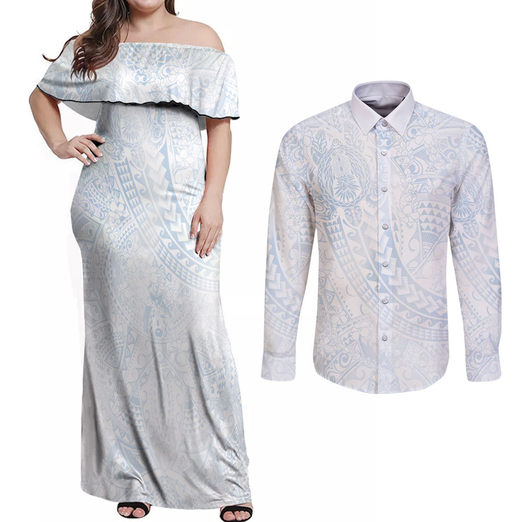 Hawaiian Turtles and Leis Couples Matching Off Shoulder Maxi Dress and Long Sleeve Button Shirt Tribal Kakau Pattern Airy White Blue Cloud Vibe LT03 White - Polynesian Pride