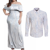 Hawaiian Turtles and Leis Couples Matching Off Shoulder Maxi Dress and Long Sleeve Button Shirt Tribal Kakau Pattern Airy White Blue Cloud Vibe