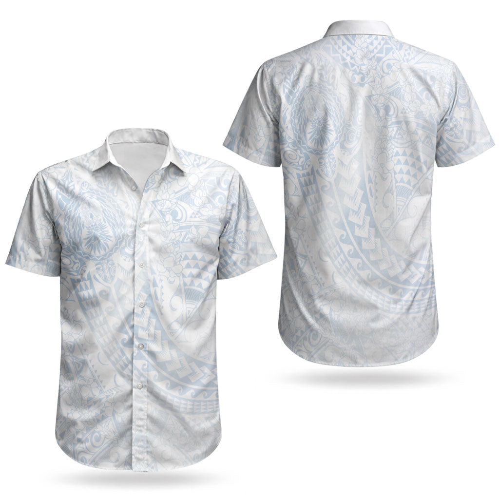 Hawaiian Turtles and Leis Couples Matching Off Shoulder Short Dress and Hawaiian Shirt Tribal Kakau Pattern Airy White Blue Cloud Vibe LT03 - Polynesian Pride