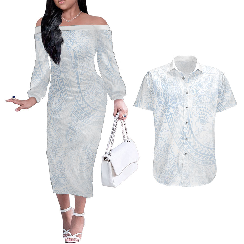 Hawaiian Turtles and Leis Couples Matching Off The Shoulder Long Sleeve Dress and Hawaiian Shirt Tribal Kakau Pattern Airy White Blue Cloud Vibe