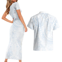 Hawaiian Turtles and Leis Couples Matching Short Sleeve Bodycon Dress and Hawaiian Shirt Tribal Kakau Pattern Airy White Blue Cloud Vibe