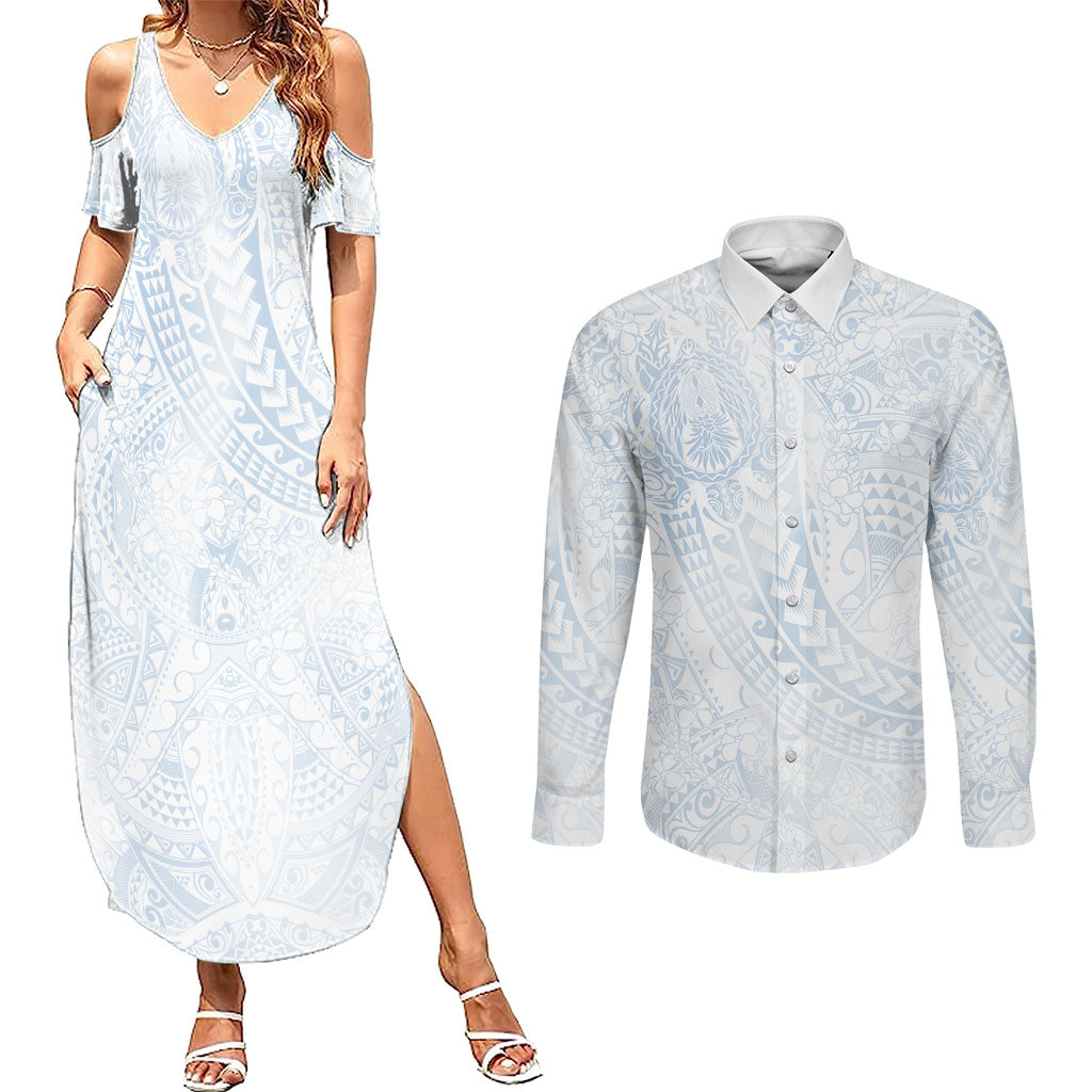 Hawaiian Turtles and Leis Couples Matching Summer Maxi Dress and Long Sleeve Button Shirt Tribal Kakau Pattern Airy White Blue Cloud Vibe