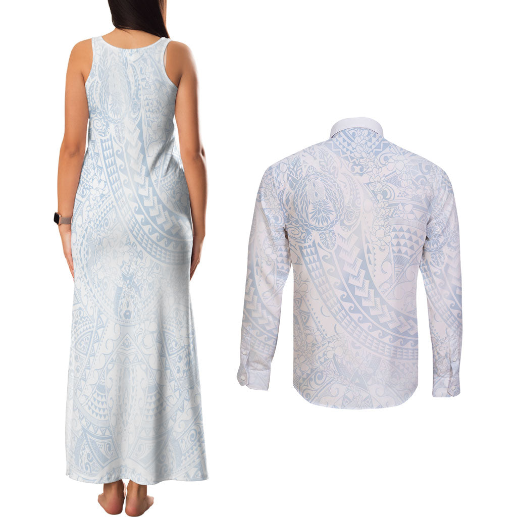 Hawaiian Turtles and Leis Couples Matching Tank Maxi Dress and Long Sleeve Button Shirt Tribal Kakau Pattern Airy White Blue Cloud Vibe