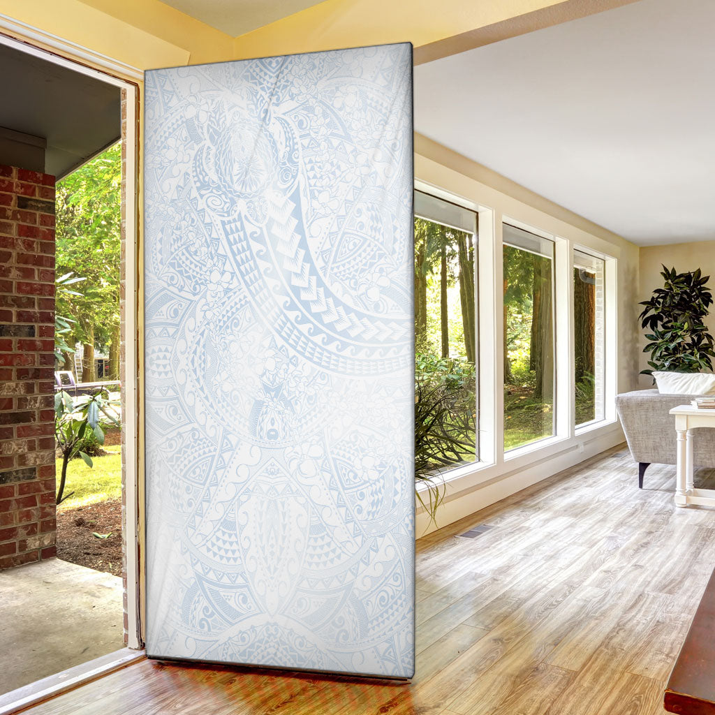 Hawaiian Turtles and Leis Door Cover Tribal Kakau Pattern Airy White Blue Cloud Vibe
