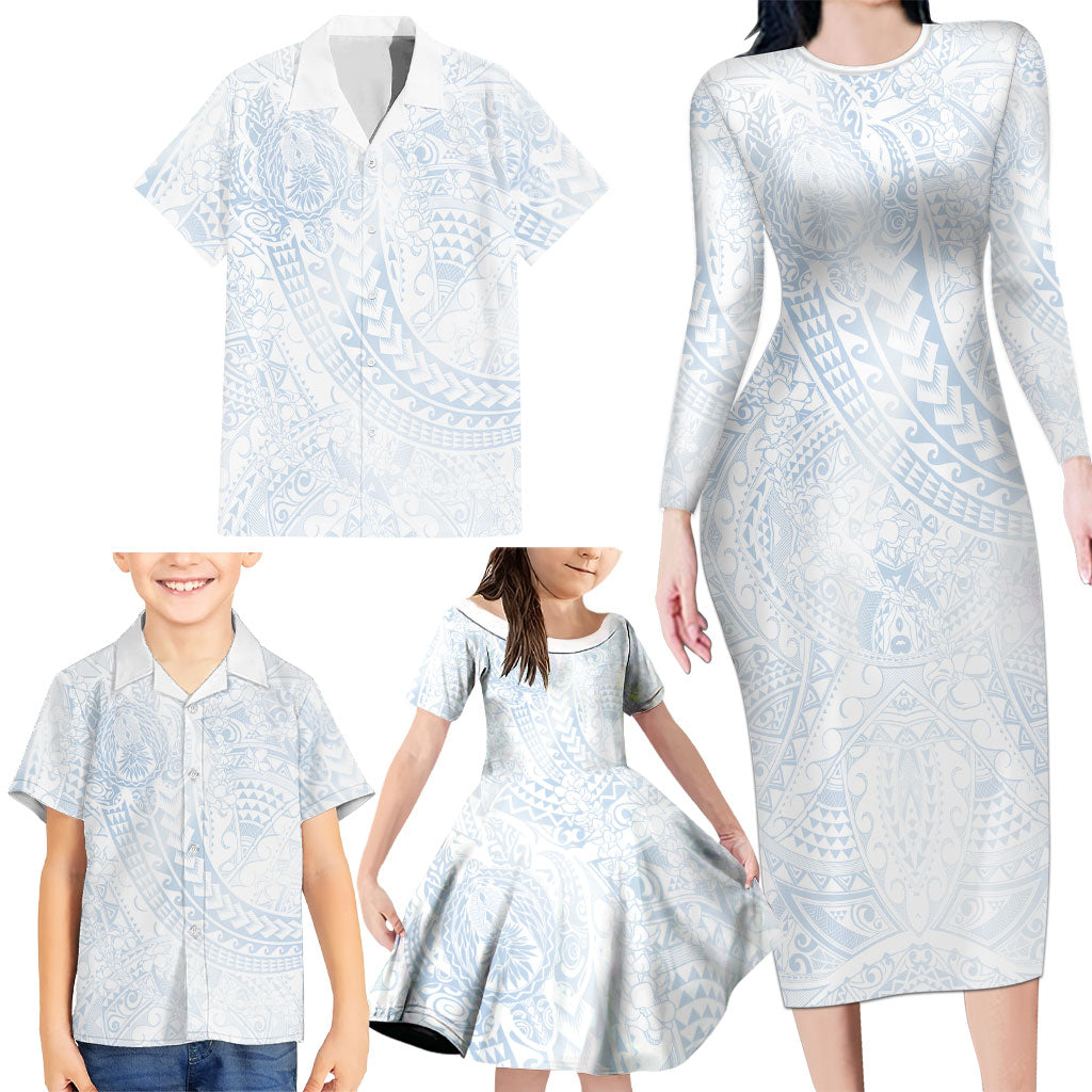Hawaiian Turtles and Leis Family Matching Long Sleeve Bodycon Dress and Hawaiian Shirt Tribal Kakau Pattern Airy White Blue Cloud Vibe