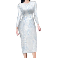 Hawaiian Turtles and Leis Family Matching Long Sleeve Bodycon Dress and Hawaiian Shirt Tribal Kakau Pattern Airy White Blue Cloud Vibe