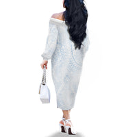 Hawaiian Turtles and Leis Family Matching Off The Shoulder Long Sleeve Dress and Hawaiian Shirt Tribal Kakau Pattern Airy White Blue Cloud Vibe