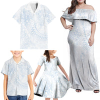 Hawaiian Turtles and Leis Family Matching Off Shoulder Maxi Dress and Hawaiian Shirt Tribal Kakau Pattern Airy White Blue Cloud Vibe