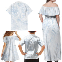 Hawaiian Turtles and Leis Family Matching Off Shoulder Maxi Dress and Hawaiian Shirt Tribal Kakau Pattern Airy White Blue Cloud Vibe