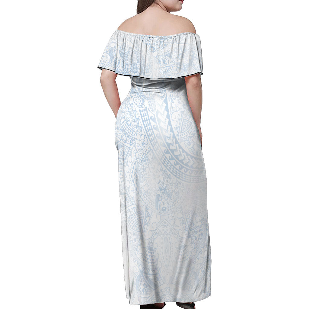 Hawaiian Turtles and Leis Family Matching Off Shoulder Maxi Dress and Hawaiian Shirt Tribal Kakau Pattern Airy White Blue Cloud Vibe