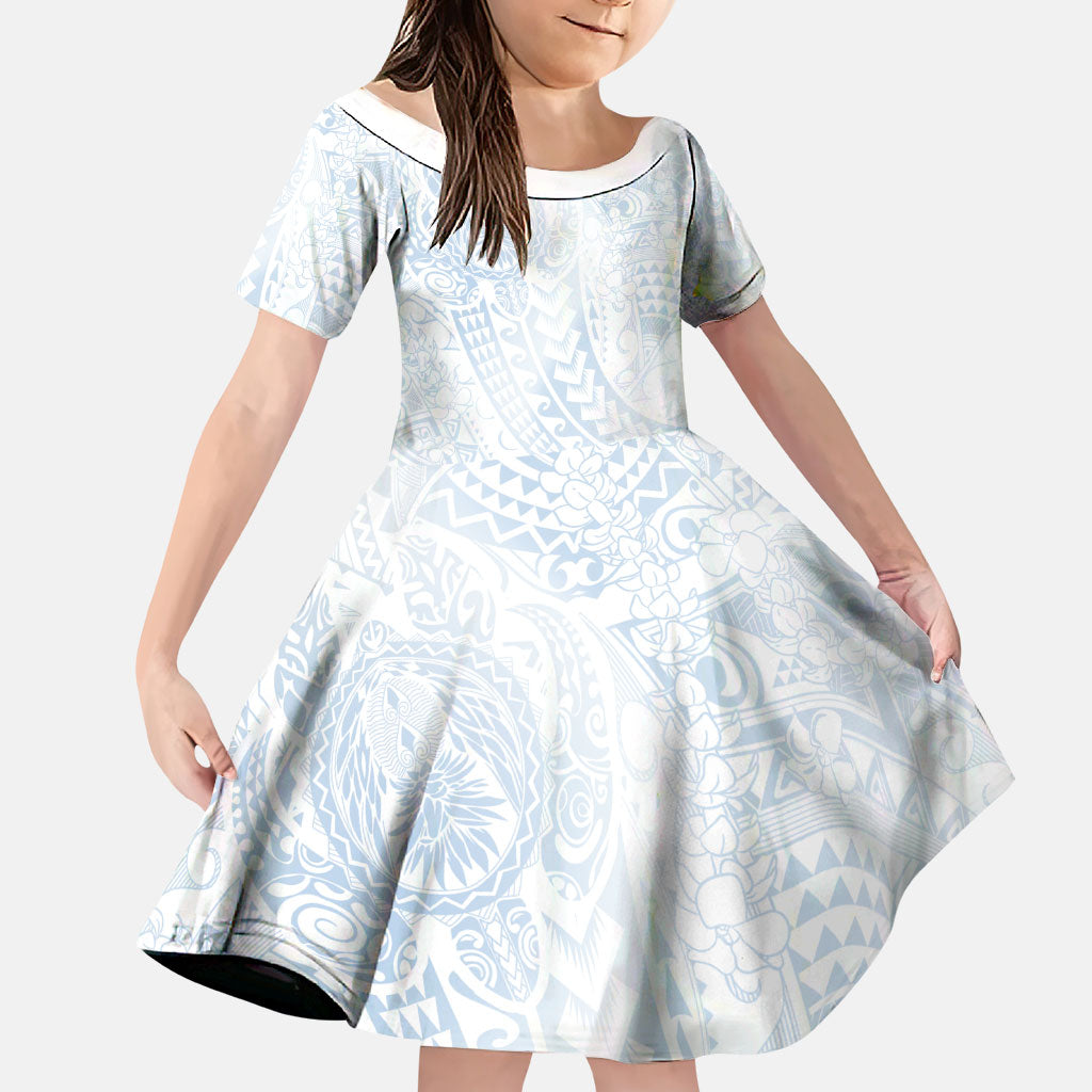 Hawaiian Turtles and Leis Family Matching Off Shoulder Short Dress and Hawaiian Shirt Tribal Kakau Pattern Airy White Blue Cloud Vibe