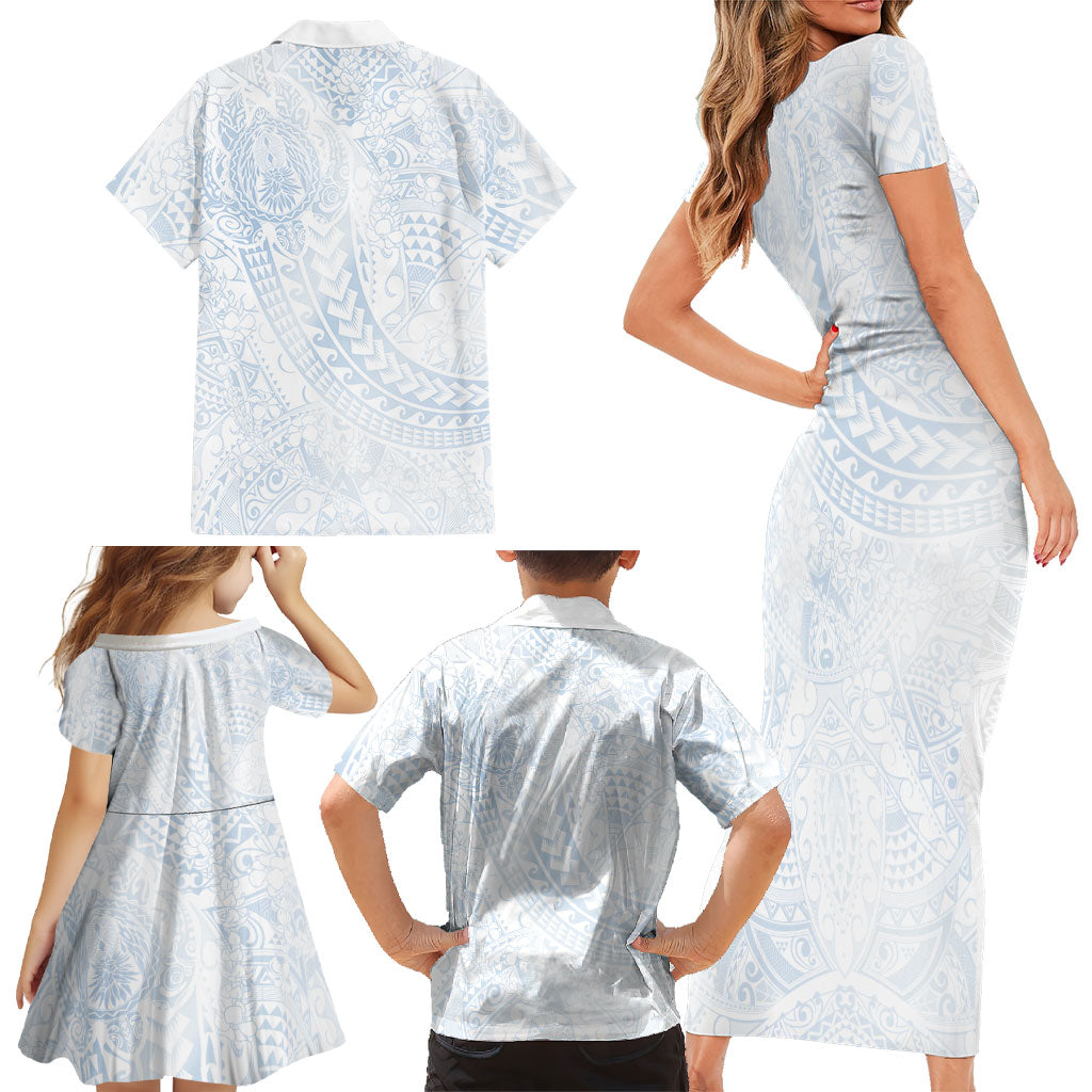 Hawaiian Turtles and Leis Family Matching Short Sleeve Bodycon Dress and Hawaiian Shirt Tribal Kakau Pattern Airy White Blue Cloud Vibe