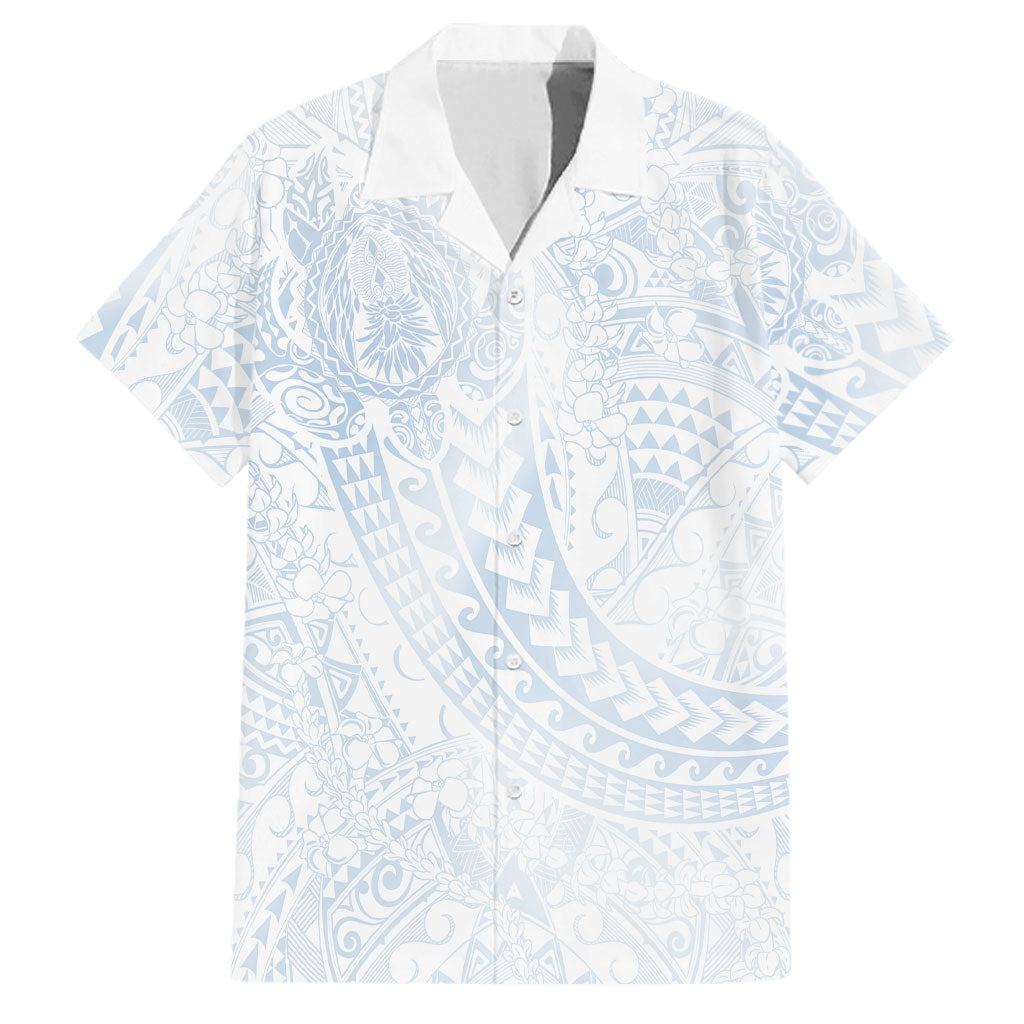 Hawaiian Turtles and Leis Family Matching Short Sleeve Bodycon Dress and Hawaiian Shirt Tribal Kakau Pattern Airy White Blue Cloud Vibe
