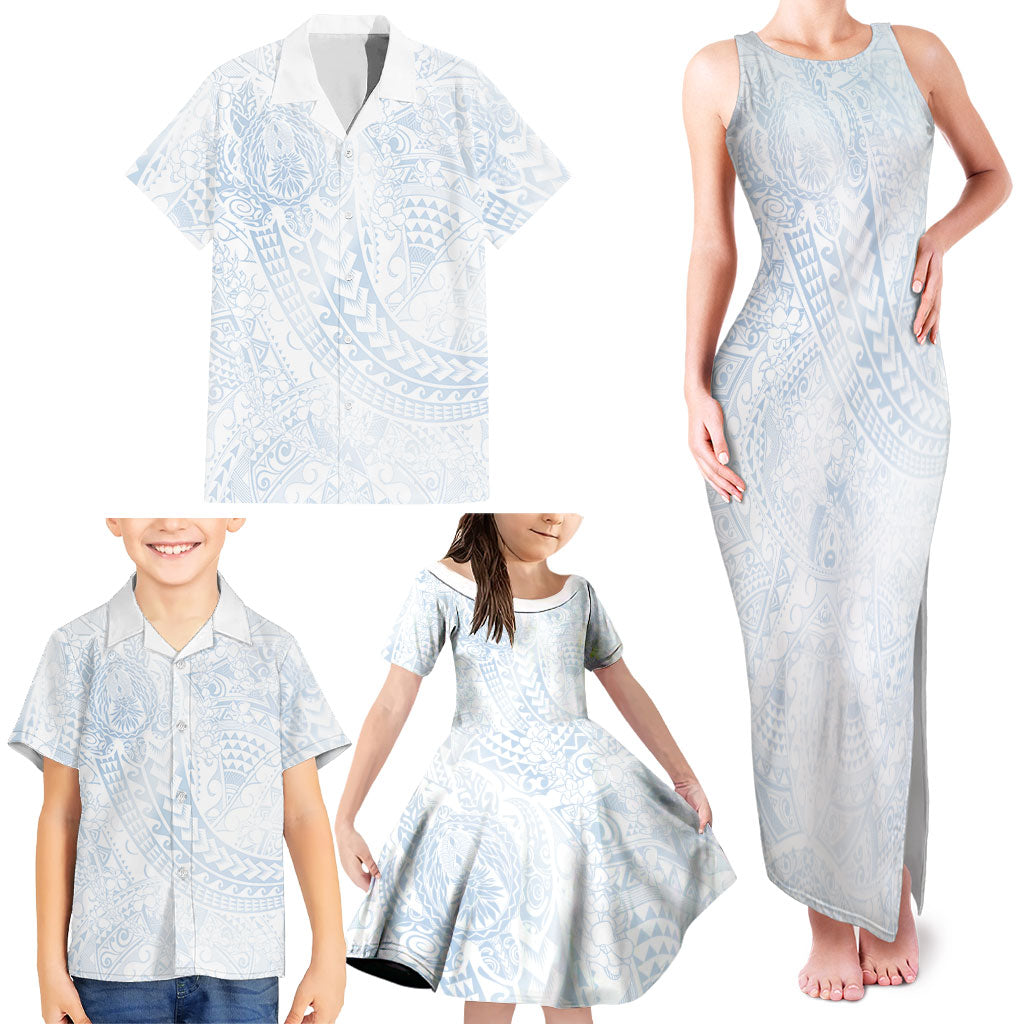 Hawaiian Turtles and Leis Family Matching Tank Maxi Dress and Hawaiian Shirt Tribal Kakau Pattern Airy White Blue Cloud Vibe LT03 - Polynesian Pride