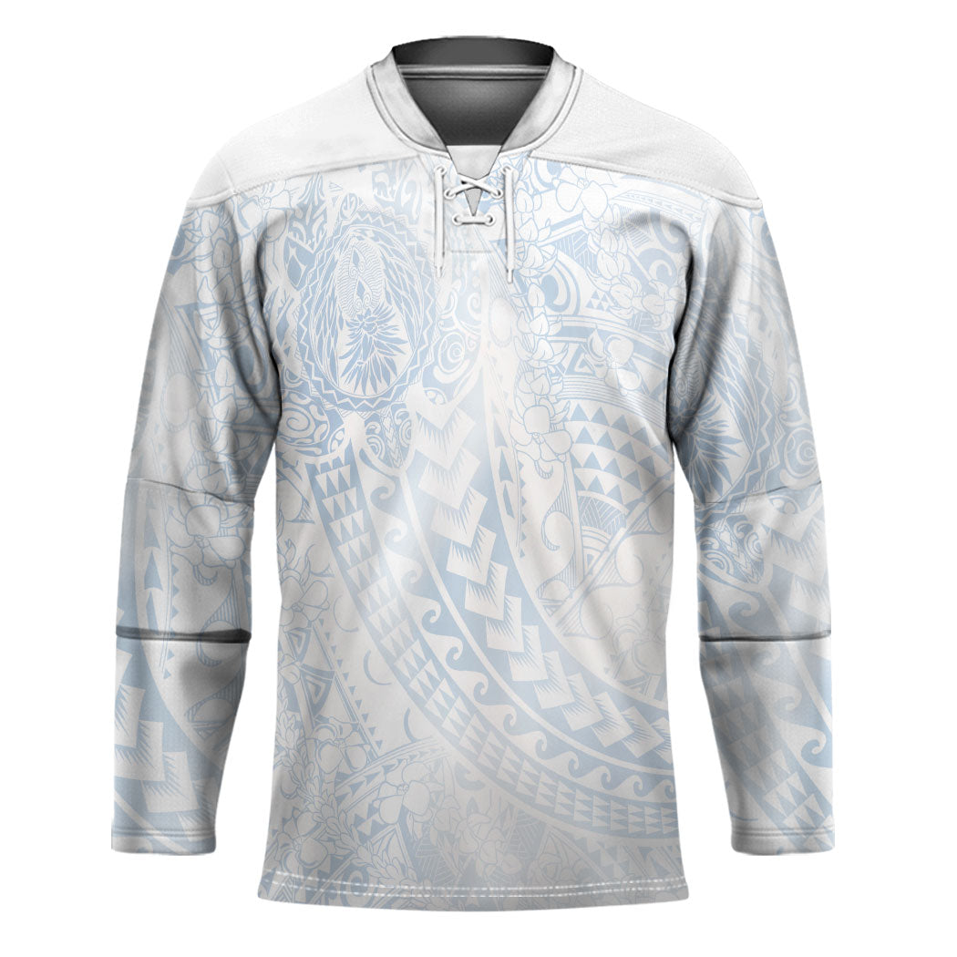 Hawaiian Turtles and Leis Hockey Jersey Tribal Kakau Pattern Airy White Blue Cloud Vibe