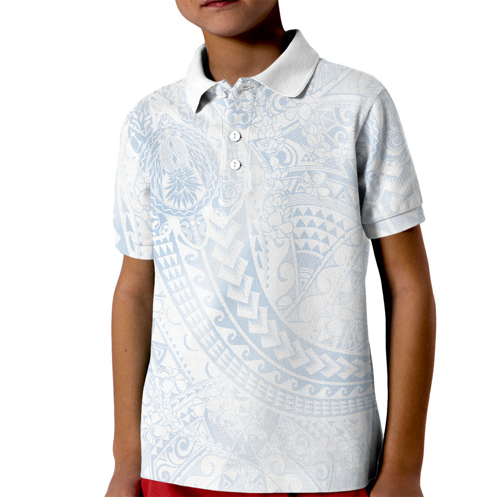 Hawaiian Turtles and Leis Kid Polo Shirt Tribal Kakau Pattern Airy White Blue Cloud Vibe
