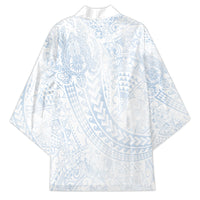Hawaiian Turtles and Leis Kimono Tribal Kakau Pattern Airy White Blue Cloud Vibe