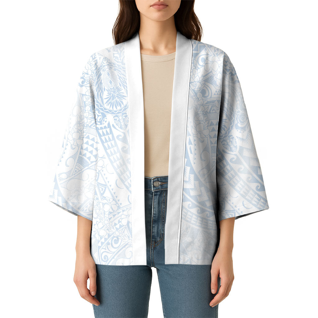 Hawaiian Turtles and Leis Kimono Tribal Kakau Pattern Airy White Blue Cloud Vibe