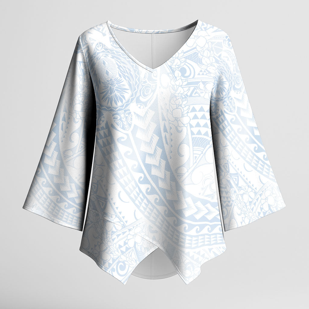 Hawaiian Turtles and Leis Kimono Sleeve Blouse Tribal Kakau Pattern Airy White Blue Cloud Vibe