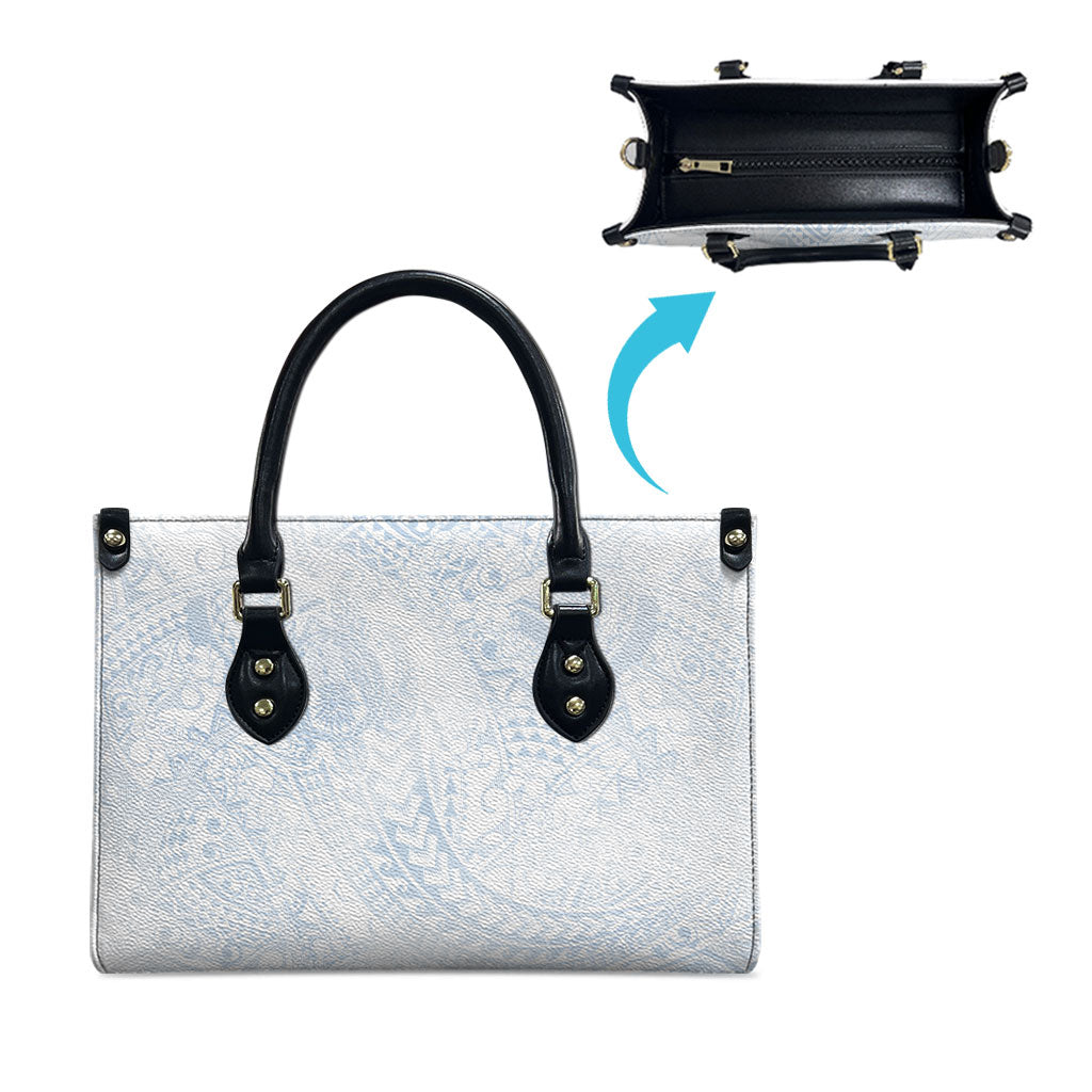 Hawaiian Turtles and Leis Leather Bag Tribal Kakau Pattern Airy White Blue Cloud Vibe