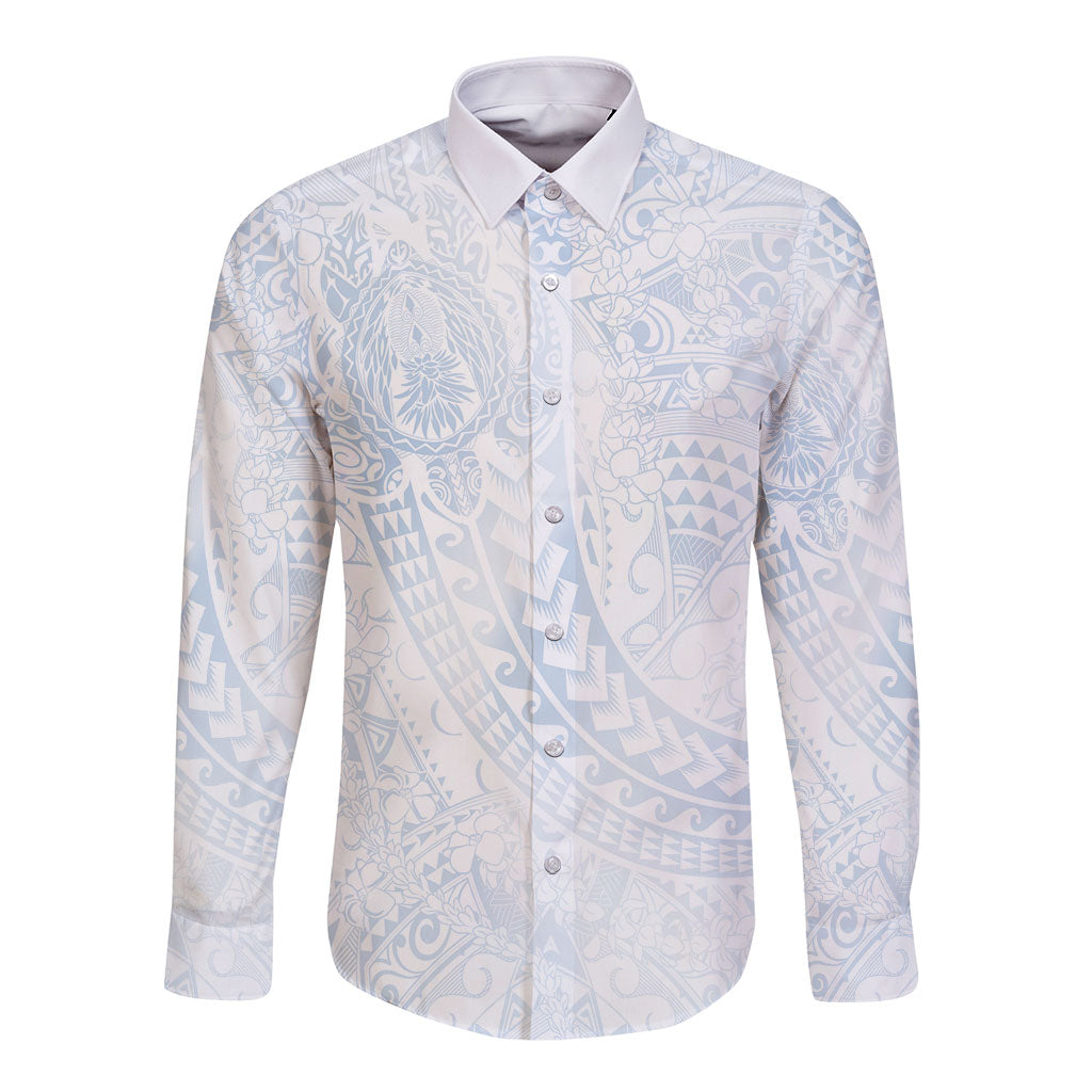 Hawaiian Turtles and Leis Long Sleeve Button Shirt Tribal Kakau Pattern Airy White Blue Cloud Vibe LT03 Unisex White - Polynesian Pride