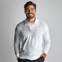 Hawaiian Turtles and Leis Long Sleeve Polo Shirt Tribal Kakau Pattern Airy White Blue Cloud Vibe