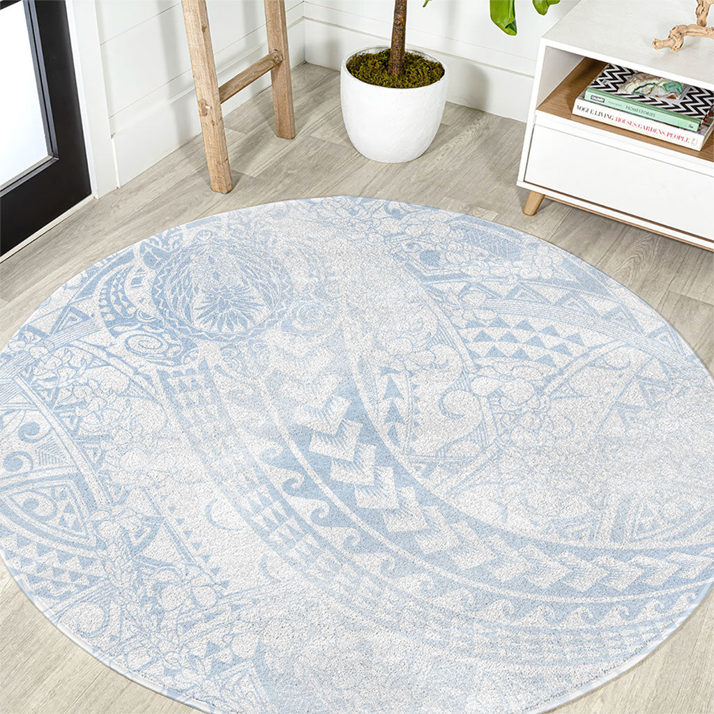 Hawaiian Turtles and Leis Round Carpet Tribal Kakau Pattern Airy White Blue Cloud Vibe